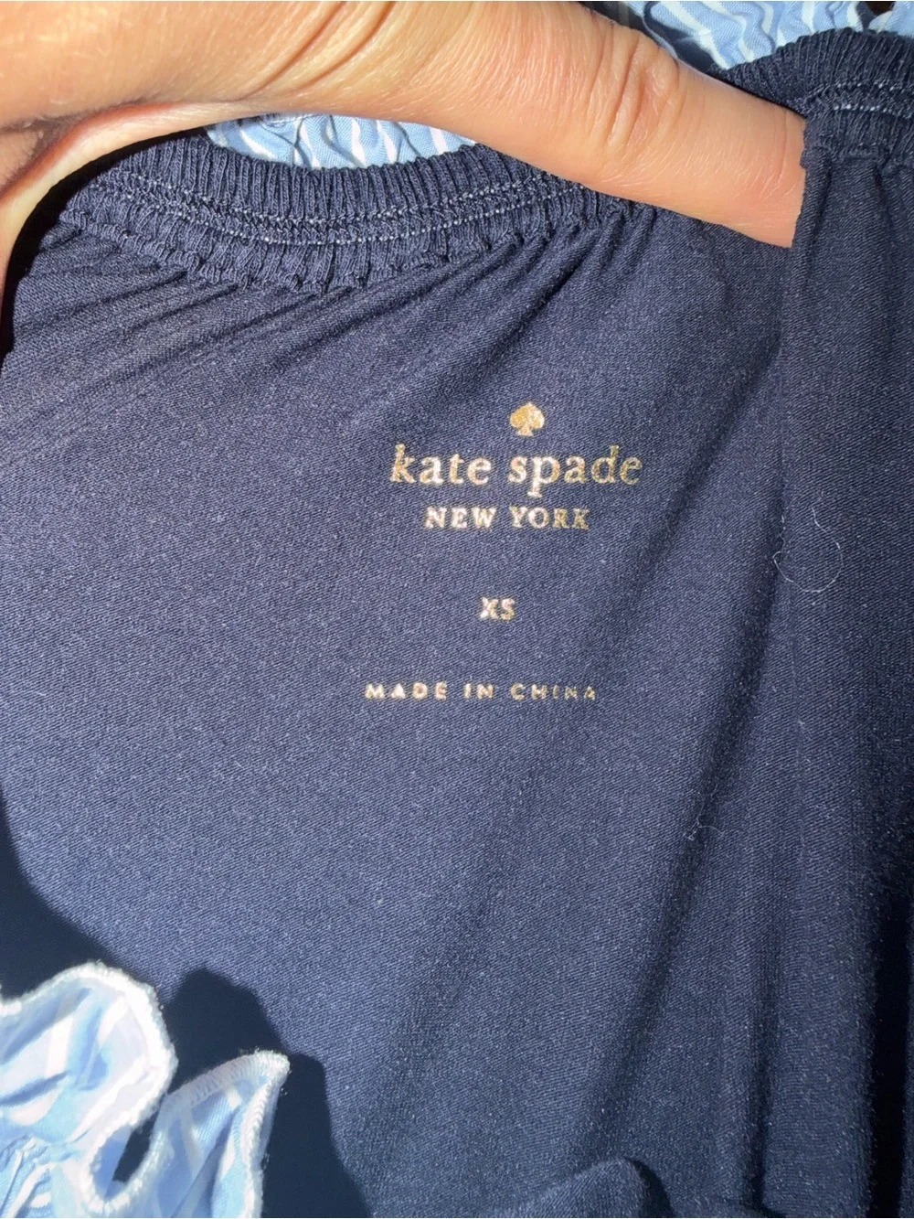 Kate Spade Off-the-Shoulder Ruffle Top in Navy and Light Blue